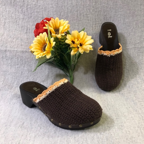 Brown & Orange Crochet Clogs with Studs - Picture 1 of 16